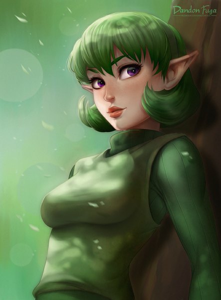 Anime picture 660x893 with the legend of zelda the legend of zelda: ocarina of time saria (the legend of zelda) dandon fuga single tall image fringe short hair breasts purple eyes green hair lips pointy ears realistic eyebrows girl plant (plants) tree (trees) clothes