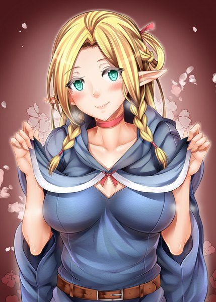 Anime picture 715x1000 with dungeon meshi marcille donato oni-noboru single long hair tall image looking at viewer blush breasts blonde hair simple background smile large breasts green eyes braid (braids) pointy ears twin braids brown background girl flower (flowers)