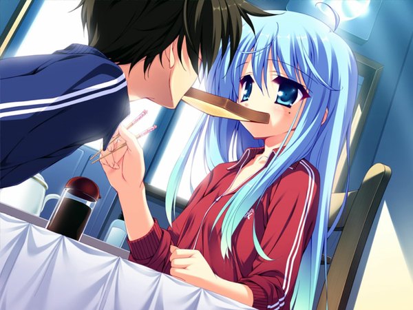 Anime picture 1024x768 with lucky star kyoto animation izumi konata munyuu blue eyes holding blue hair game cg mouth hold solo focus eating food in mouth sleeves pushed up toast in mouth girl boy food jacket chopsticks track jacket