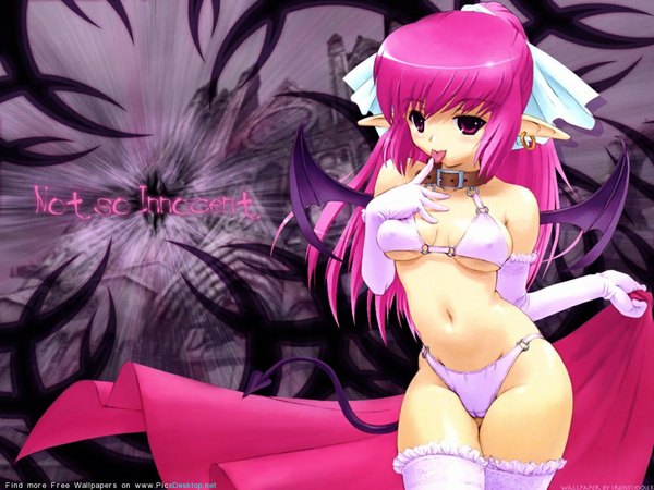 Anime picture 1152x864 with original nira (character) inu single long hair looking at viewer blush light erotic red eyes pink hair ponytail pointy ears demon tail demon wings girl thighhighs gloves navel earrings wings