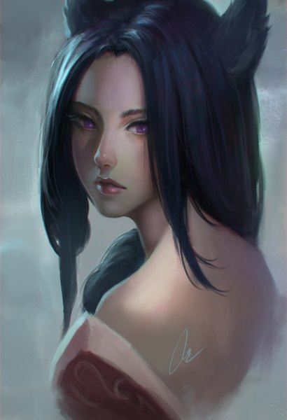 Anime picture 1368x2000 with league of legends ahri (league of legends) chaosringen single long hair tall image looking at viewer black hair simple background purple eyes bare shoulders signed animal ears realistic fox ears fox girl girl