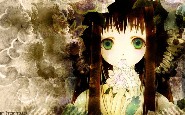 Anime picture 1920x1200 with original azumi tooru single long hair looking at viewer highres brown hair wide image holding green eyes third-party edit girl flower (flowers)