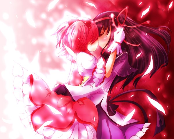 Anime picture 1600x1280 with mahou shoujo madoka magica shaft (studio) akemi homura kaname madoka ekitaiidou (artist) long hair short hair black hair multiple girls pink hair eyes closed shoujo ai kiss girl dress gloves ribbon (ribbons) 2 girls hair ribbon petals