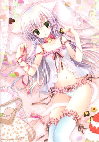 Anime picture 4519x6433 with original shirogane hina long hair tall image blush highres light erotic green eyes animal ears absurdres silver hair cat ears scan cat girl cat tail girl thighhighs navel underwear panties