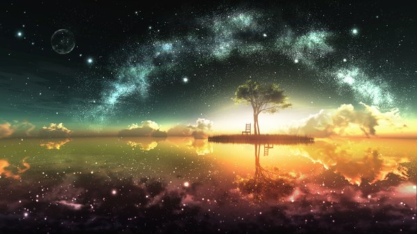 Anime picture 1920x1080 with original y-k highres wide image sky cloud (clouds) sunlight wallpaper reflection horizon no people scenic different reflection plant (plants) tree (trees) sea moon star (stars) chair full moon