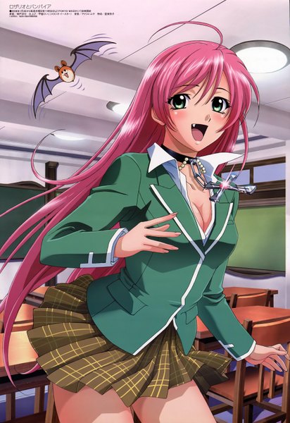 Anime picture 4078x5940 with rosario+vampire megami magazine akashiya moka single long hair tall image looking at viewer blush highres open mouth green eyes pink hair absurdres cleavage official art teeth fang (fangs) classroom vampire girl