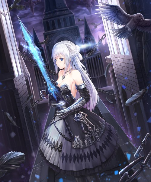 Anime picture 1500x1800 with original lunacle single long hair tall image looking at viewer fringe breasts blue eyes standing holding cleavage silver hair outdoors braid (braids) blurry depth of field glowing weapon girl dress