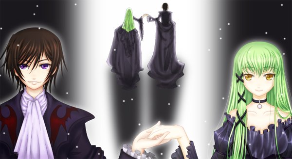 Anime picture 1440x788 with code geass sunrise (studio) c.c. lelouch lamperouge looking at viewer fringe black hair smile hair between eyes wide image purple eyes yellow eyes payot green hair holding hands multiview girl dress boy black dress
