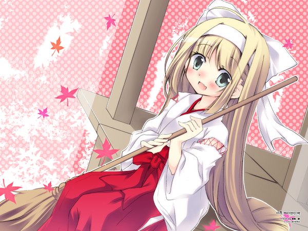 Anime picture 1600x1200 with kuroneko single long hair looking at viewer blush open mouth blonde hair sitting green eyes japanese clothes miko girl bow hairband leaf (leaves) broom