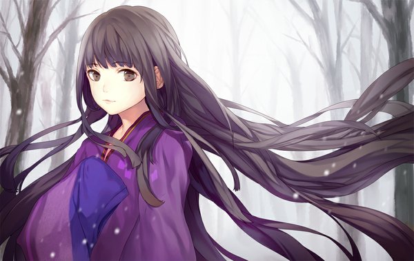 Anime picture 1000x632 with rdg red data girl p.a. works himegami naguri single long hair looking at viewer fringe brown hair brown eyes traditional clothes japanese clothes wind hand on chest snowing winter girl plant (plants) tree (trees) forest