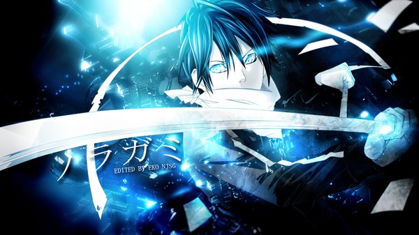 Anime picture 1920x1080 with noragami studio bones yato (noragami) redeye27 single fringe highres short hair blue eyes black hair hair between eyes wide image looking away wallpaper copyright name glowing glowing eye (eyes) covered mouth boy weapon