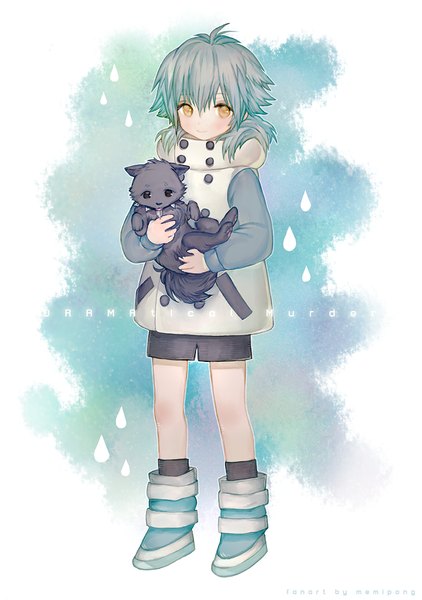 Anime picture 596x847 with dramatical murder nitro+chiral aoba (dmmd) ren (dmmd) memipong single long hair tall image blush fringe smile hair between eyes standing holding signed yellow eyes looking away full body ahoge grey hair