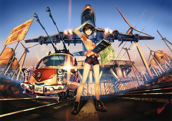 Anime picture 3500x2467 with original vania600 single highres short hair black hair red eyes absurdres city light girl shorts aircraft airplane map wind turbine tram