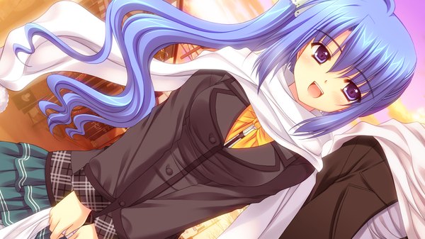 Anime picture 1280x720 with world wide love! (game) munemoto tsubakiko long hair blush open mouth blue eyes wide image blue hair game cg ponytail side ponytail girl uniform school uniform scarf