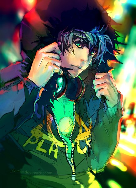 Anime picture 750x1036 with fisheye placebo frey (fisheye placebo) yuumei single tall image looking at viewer fringe aqua eyes lips aqua hair headphones around neck adjusting hood boy jacket headphones fur hood