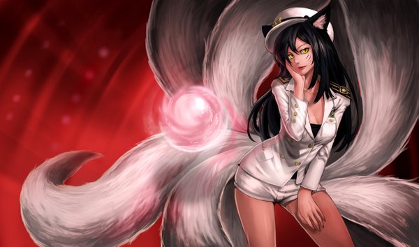 Anime picture 2430x1434 with league of legends ahri (league of legends) goomrrat single long hair blush highres wide image animal ears yellow eyes tail animal tail lips fox ears facial mark fox tail fox girl multiple tails whisker markings military