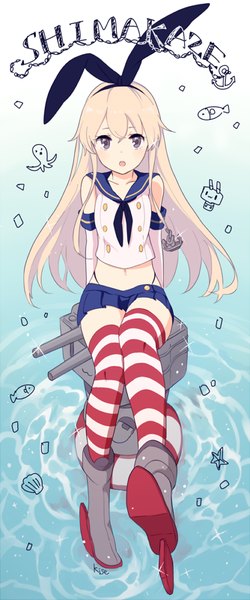 Anime picture 417x1000 with kantai collection shimakaze destroyer rensouhou-chan kise (swimmt) long hair tall image looking at viewer blush open mouth blonde hair sitting signed grey eyes zettai ryouiki character names girl thighhighs skirt gloves hair ornament