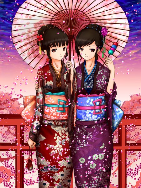 Anime picture 768x1024 with original firebate tall image looking at viewer short hair black hair multiple girls brown eyes cloud (clouds) traditional clothes japanese clothes shared umbrella girl hair ornament 2 girls petals food sweets kimono umbrella
