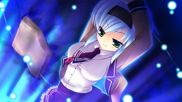 Anime picture 1024x576 with nekoguri (game) short hair wide image green eyes blue hair game cg girl uniform school uniform serafuku book (books)