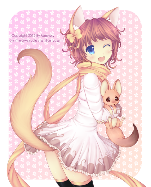 Anime picture 1398x1724 with original meawsy single tall image blush short hair open mouth blue eyes brown hair animal ears animal tail one eye closed wink girl thighhighs dress black thighhighs animal scarf