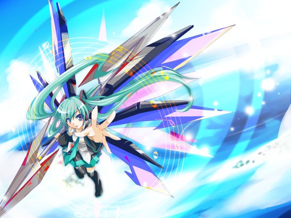 Anime picture 1200x900 with vocaloid hatsune miku haru aki long hair blue eyes twintails sky very long hair aqua hair wallpaper outstretched arm girl thighhighs skirt detached sleeves wings necktie spear musical note polearm