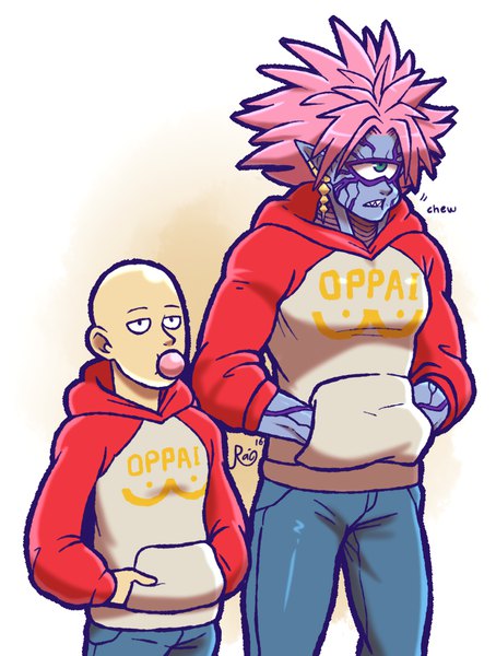 Anime picture 1280x1690 with one-punch man madhouse saitama (one-punch man) lord boros raiphen tall image short hair simple background standing white background green eyes signed pink hair pointy ears multiple boys teeth alternate costume hands in pockets sharp teeth spiked hair