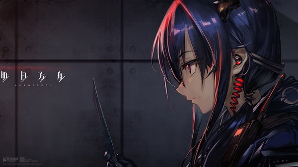 Anime picture 1920x1080 with arknights ch'en (arknights) chen (arknights) huanxiang heitu single long hair fringe highres hair between eyes wide image purple eyes twintails holding payot blue hair looking away profile official art wallpaper copyright name