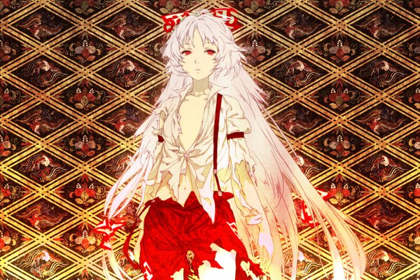 Anime picture 1500x1000 with touhou fujiwara no mokou egawa satsuki single long hair light erotic red eyes white hair open clothes open shirt wallpaper torn clothes rhombus girl bow hair bow suspenders