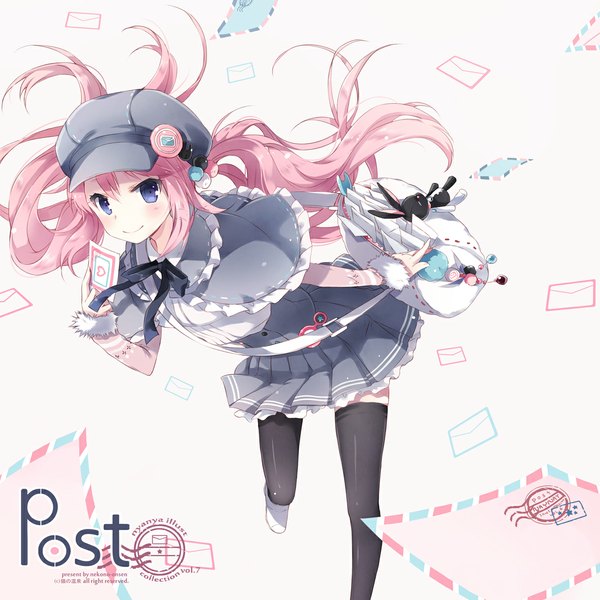Anime picture 1181x1181 with original nyanya long hair looking at viewer blue eyes simple background white background pink hair girl thighhighs dress black thighhighs bag flat cap letter