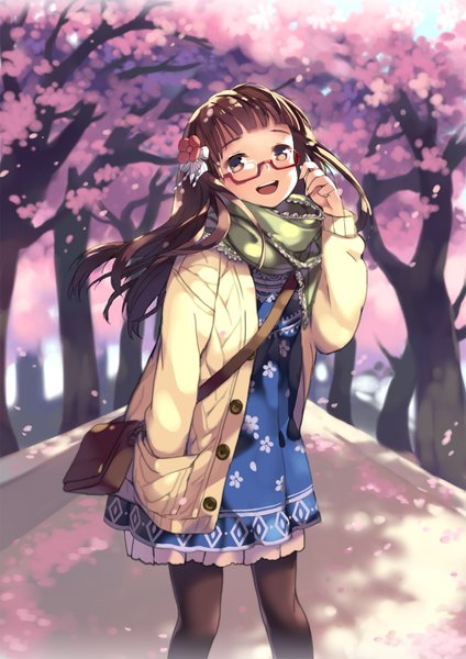 Anime picture 1240x1754 with original btoor single long hair tall image looking at viewer blush open mouth brown hair brown eyes cherry blossoms girl dress plant (plants) petals tree (trees) glasses jacket scarf bag