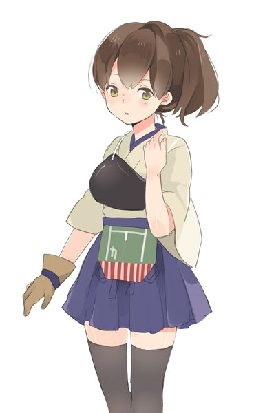 Anime picture 700x1138 with kantai collection kaga aircraft carrier chiyu (cotoritori) single tall image blush short hair simple background brown hair white background brown eyes ponytail traditional clothes japanese clothes :o looking down girl thighhighs black thighhighs armor