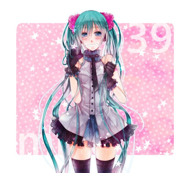 Anime picture 1680x1558 with vocaloid hatsune miku mizuyu single blush blue eyes smile twintails very long hair hair flower aqua hair 39 girl thighhighs gloves hair ornament black thighhighs frills star (symbol)