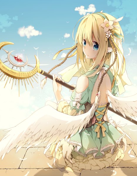 Anime picture 1050x1350 with original nana kusun single long hair tall image looking at viewer fringe blue eyes blonde hair sitting bare shoulders holding sky cloud (clouds) ahoge bent knee (knees) braid (braids) looking back hair flower from behind