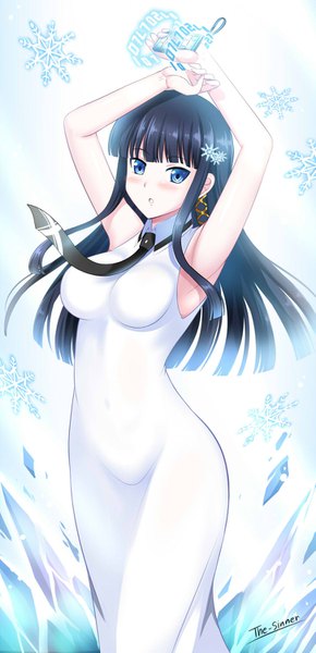 Anime picture 725x1500 with mahouka koukou no rettousei shiba miyuki the-sinner single long hair tall image looking at viewer blush fringe breasts blue eyes black hair standing holding signed payot blunt bangs parted lips arms up armpit (armpits)