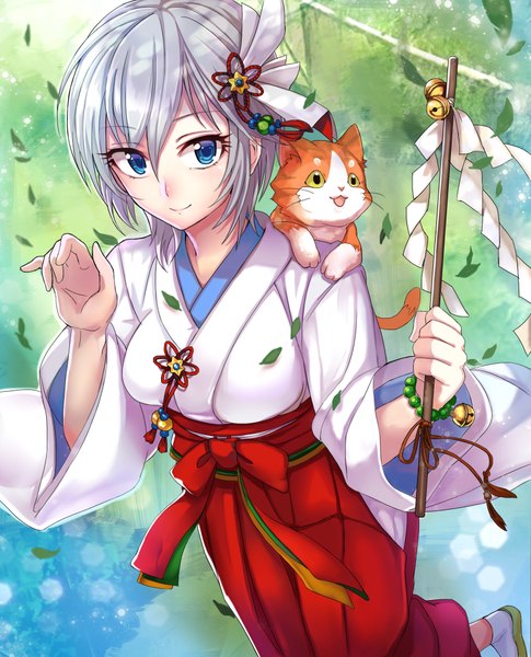 Anime picture 1700x2100 with idolmaster idolmaster cinderella girls anastasia (idolmaster) ashita (2010) single tall image blush fringe short hair blue eyes smile holding silver hair traditional clothes japanese clothes from above wide sleeves blue background miko green background