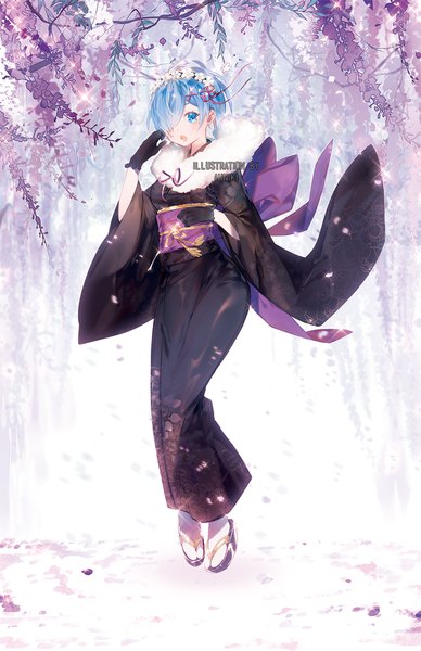 Anime picture 1089x1683 with re:zero kara hajimeru isekai seikatsu white fox rem (re:zero) ahniki single tall image looking at viewer blush fringe short hair open mouth blue eyes signed blue hair full body long sleeves traditional clothes japanese clothes hair over one eye wide sleeves