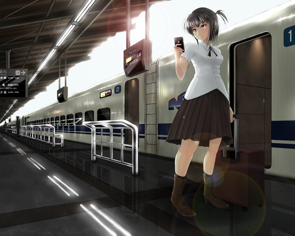Anime picture 1250x1000 with original nonge short hair black hair yellow eyes girl skirt boots train train station iphone