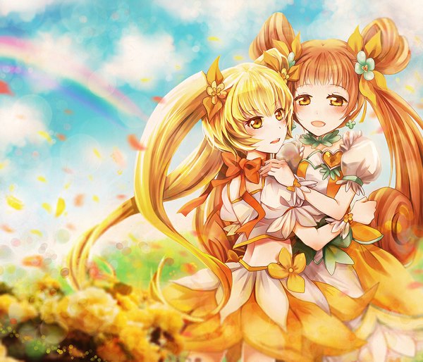 Anime picture 1000x857 with precure dokidoki! precure heartcatch precure! toei animation yotsuba alice myoudouin itsuki cure sunshine cure rosetta ai (creamcaramel) long hair looking at viewer blush blonde hair twintails multiple girls yellow eyes orange hair orange eyes hug shoujo ai