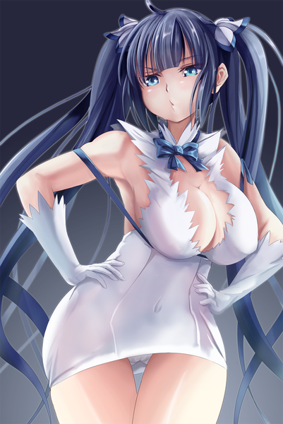 Anime picture 900x1345 with dungeon ni deai wo motomeru no wa machigatteiru darou ka j.c. staff hestia (danmachi) hopper single long hair tall image breasts blue eyes light erotic black hair large breasts twintails cleavage ahoge pantyshot gradient background black background hands on hips rei no himo