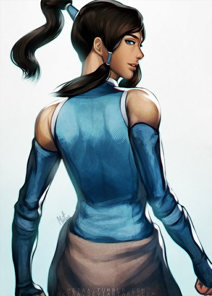 Anime picture 643x900 with avatar: the legend of korra korra metaa single long hair tall image looking at viewer blue eyes black hair simple background white background bare shoulders ponytail tail long sleeves looking back from behind torn clothes back dark skin