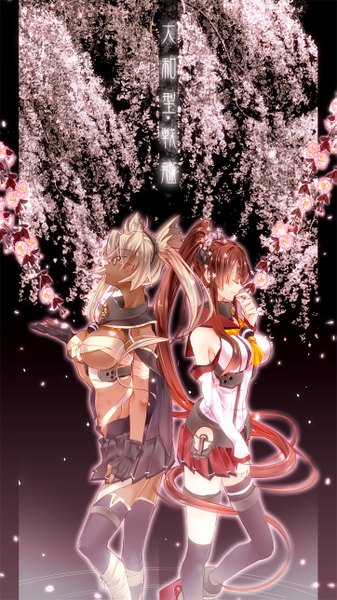 Anime picture 723x1287 with kantai collection yamato super battleship musashi super battleship 218 tall image light erotic brown hair twintails multiple girls white hair ponytail eyes closed very long hair profile dark background girl thighhighs skirt hair ornament flower (flowers)