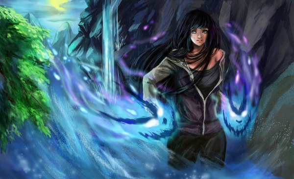 Anime picture 1600x979 with naruto studio pierrot naruto (series) hyuuga hinata rikamello single long hair fringe breasts black hair wide image standing lips realistic off shoulder glowing waterfall girl plant (plants) tree (trees)