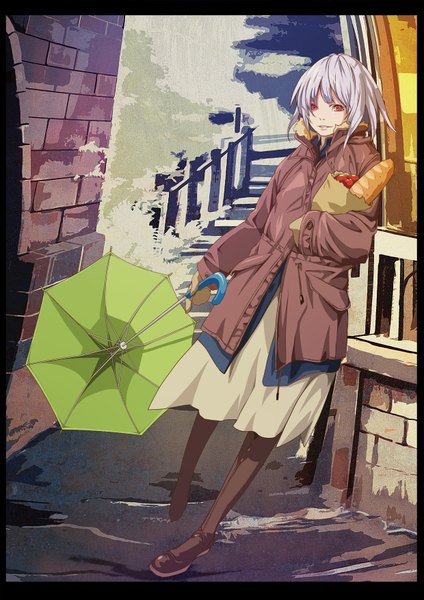Anime picture 1240x1754 with original gen'ichi single tall image short hair red eyes silver hair street girl skirt food umbrella coat stairs mittens paper bag