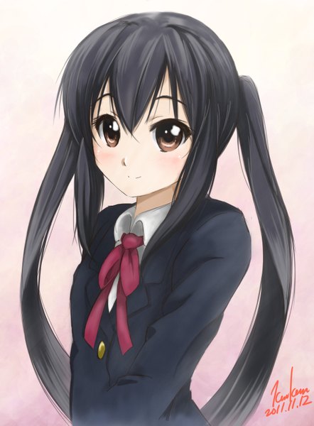 Anime picture 1022x1387 with k-on! kyoto animation nakano azusa kem kem single long hair tall image blush black hair smile twintails brown eyes signed girl uniform school uniform