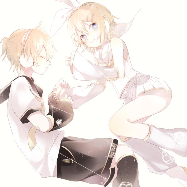 Anime picture 1000x1000 with vocaloid kagamine rin kagamine len kagamine rin (vocaloid4) kagamine len (vocaloid4) niwa (ejizon) blush fringe short hair blue eyes blonde hair simple background smile hair between eyes white background bare shoulders bent knee (knees) ponytail lying eyes closed