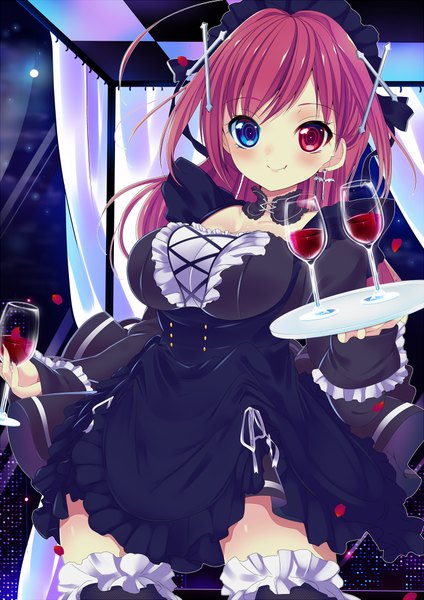Anime picture 700x990 with original haruta (806060) single long hair tall image blush smile red hair heterochromia girl thighhighs dress black thighhighs frills headdress wine glass