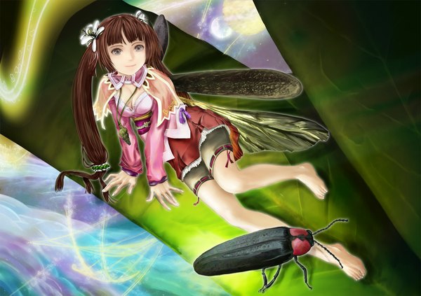 Anime picture 1152x814 with zi-dabu long hair smile brown hair twintails brown eyes barefoot girl wings insect bug