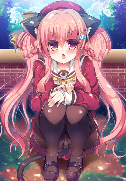 Anime picture 800x1150 with original lilia chocolanne suzunone rena single long hair tall image looking at viewer blush open mouth light erotic purple eyes twintails animal ears pink hair tail animal tail cat ears cat girl cat tail pantyshot