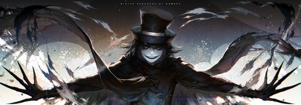 Anime picture 2000x697 with the babadook babadook kawacy single looking at viewer short hair open mouth black hair smile wide image signed teeth spread arms white skin crazy smile boy gloves black gloves elbow gloves claws