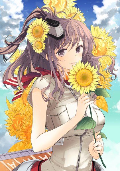 Anime picture 750x1069 with kantai collection saratoga (kantai collection) konataeru single long hair tall image looking at viewer brown hair brown eyes sky cloud (clouds) upper body ponytail hair flower light smile summer alternate eye color girl flower (flowers) hat